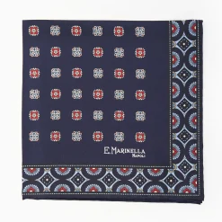 Dark Blue Hand-Printed Silk Pocket Square Large Flower Pattern