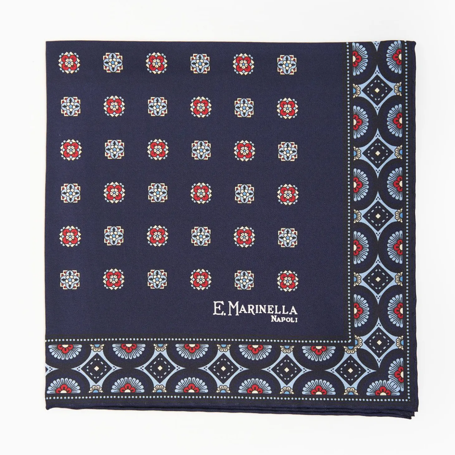 Dark Blue Hand-Printed Silk Pocket Square Large Flower Pattern