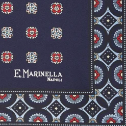 Dark Blue Hand-Printed Silk Pocket Square Large Flower Pattern
