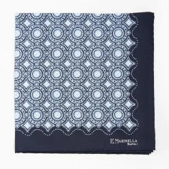 Dark Blue Hand-Printed Silk Pocket Square Large Flower Pattern