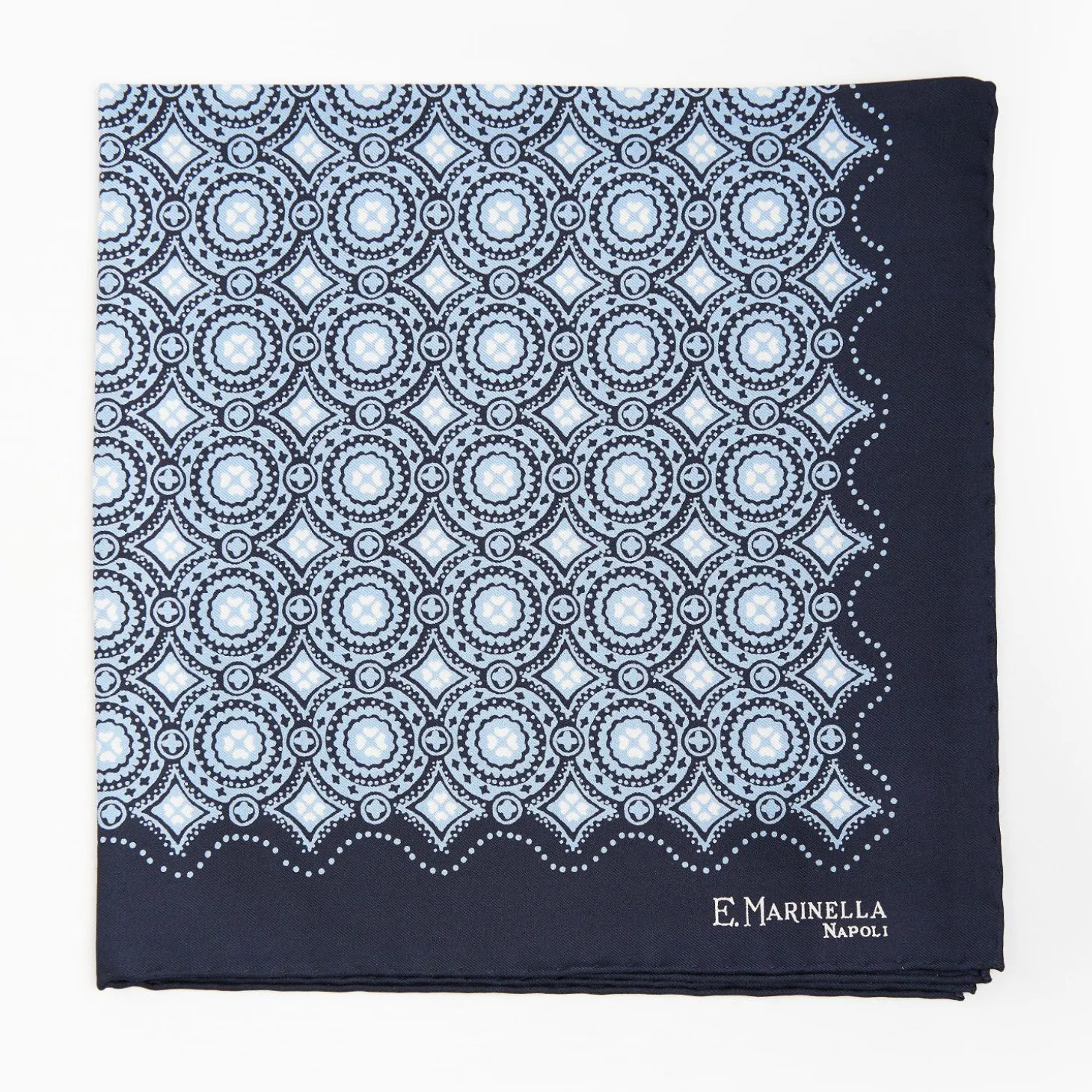 Dark Blue Hand-Printed Silk Pocket Square Large Flower Pattern