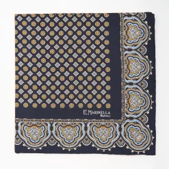 Dark Blue Hand-Printed Silk Pocket Square Large Flower Pattern