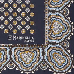 Dark Blue Hand-Printed Silk Pocket Square Large Flower Pattern