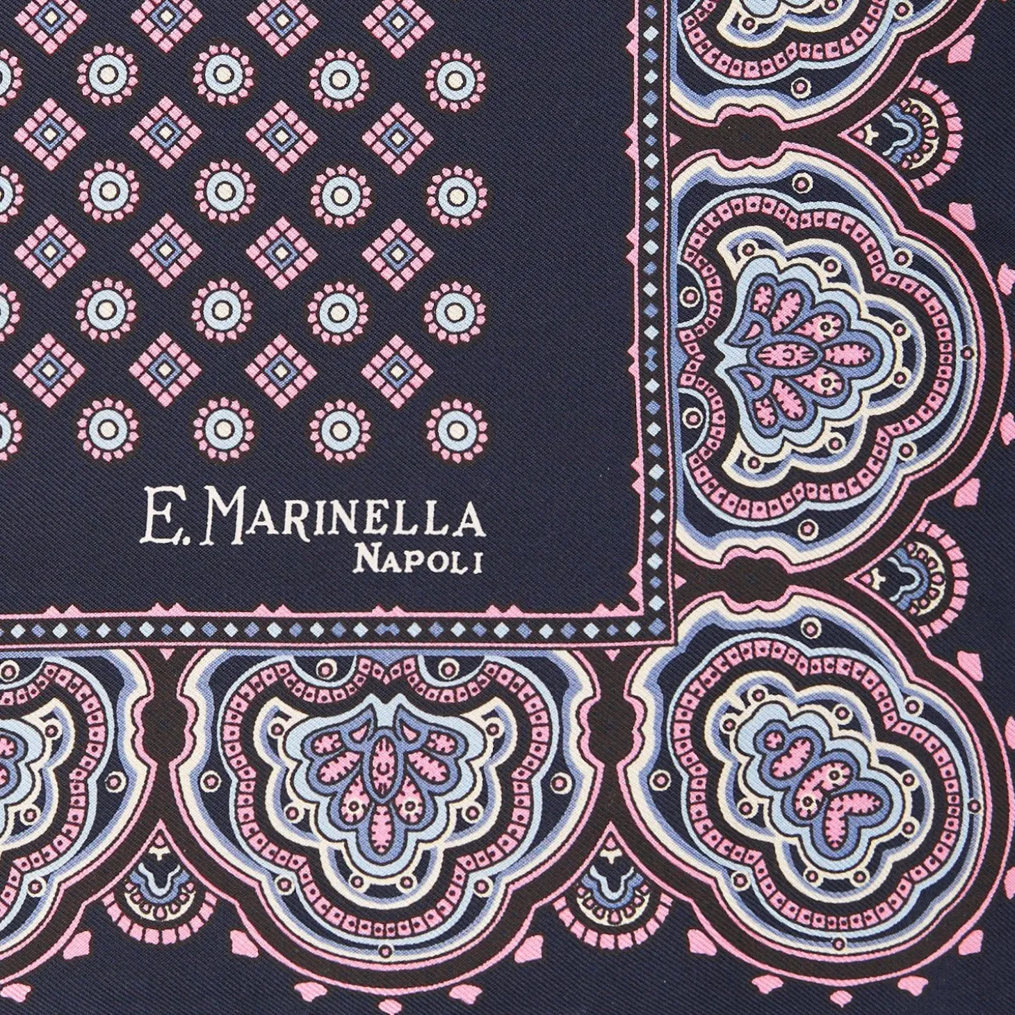 Dark Blue Hand-Printed Silk Pocket Square Large Flower Pattern