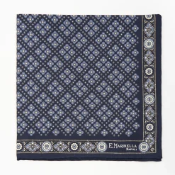 Dark Blue Hand-Printed Silk Pocket Square Large Flower Pattern