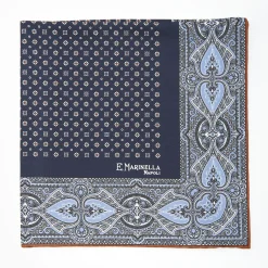 Dark Blue Hand-Printed Silk Pocket Square Small Flower Pattern