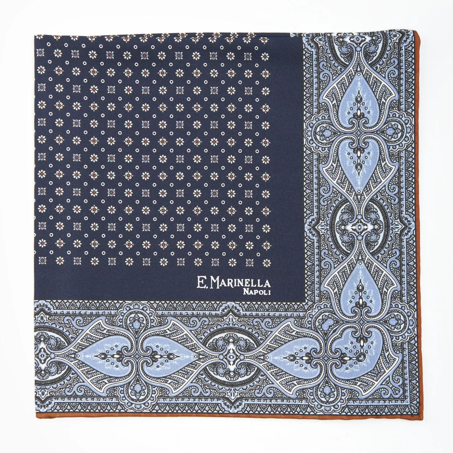 Dark Blue Hand-Printed Silk Pocket Square Small Flower Pattern