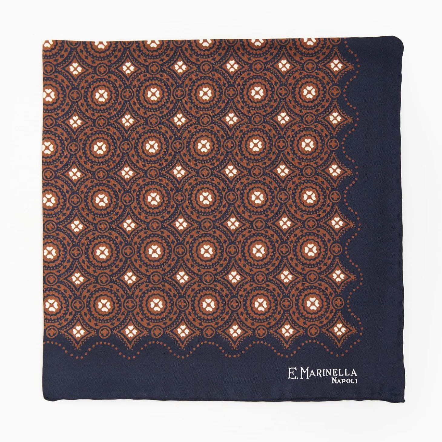 Dark Blue Hand-Printed Silk Pocket Square Large Flower Pattern