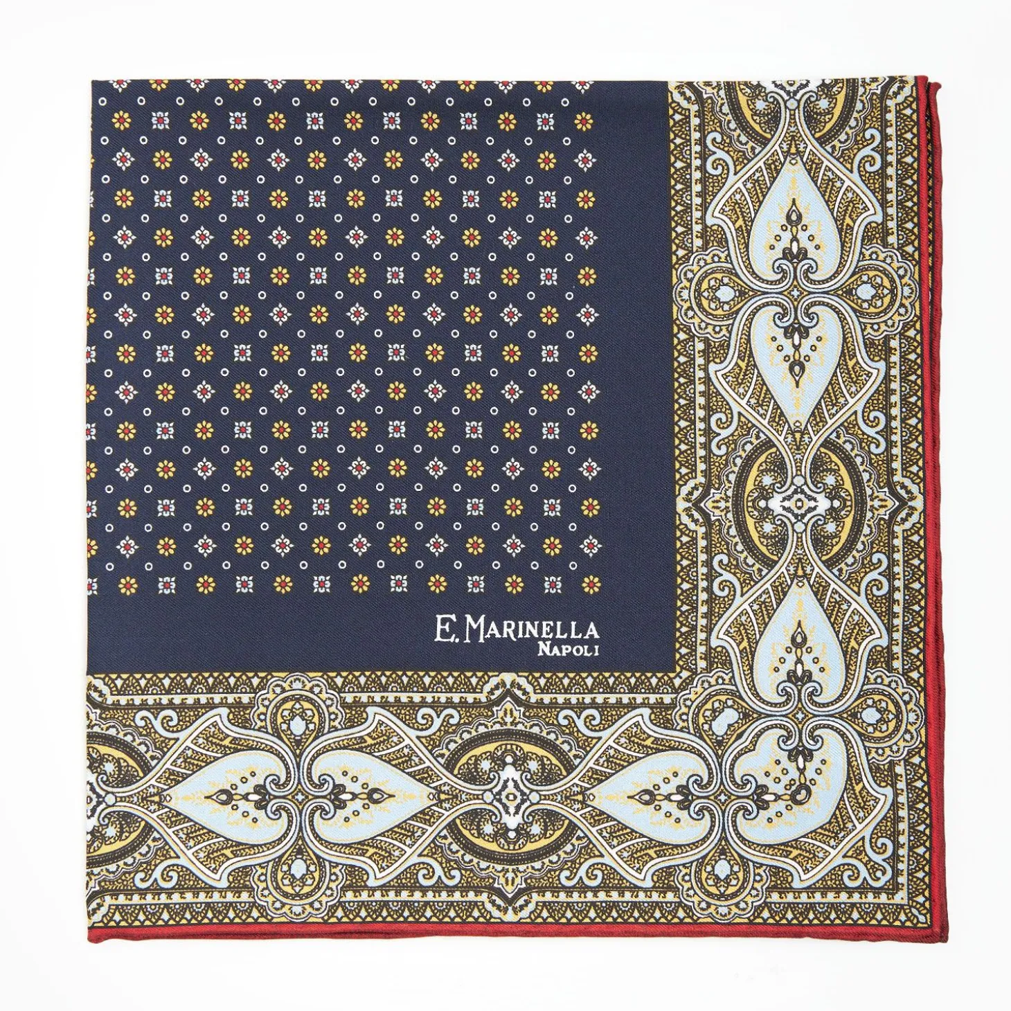 Dark Blue Hand-Printed Silk Pocket Square Small Flower Pattern