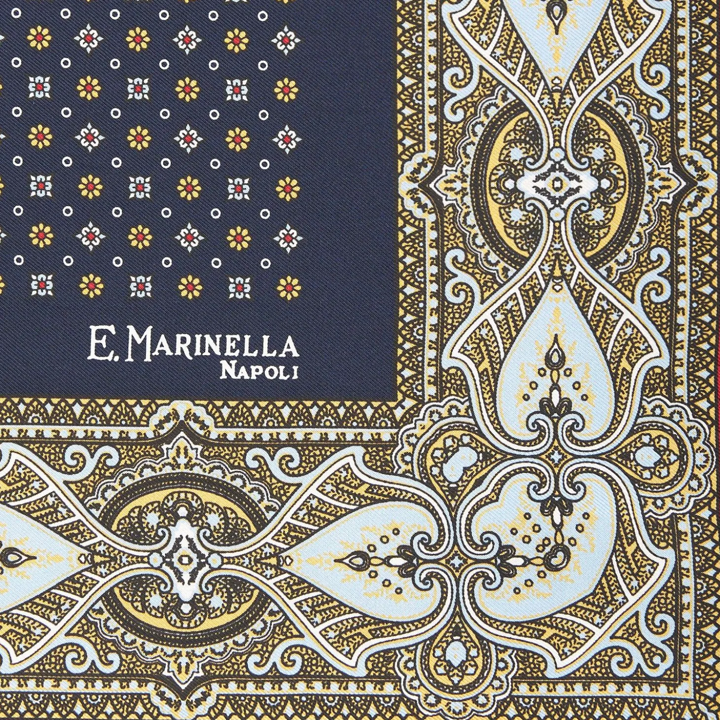 Dark Blue Hand-Printed Silk Pocket Square Small Flower Pattern