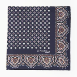Dark Blue Hand-Printed Silk Pocket Square Large Flower Pattern
