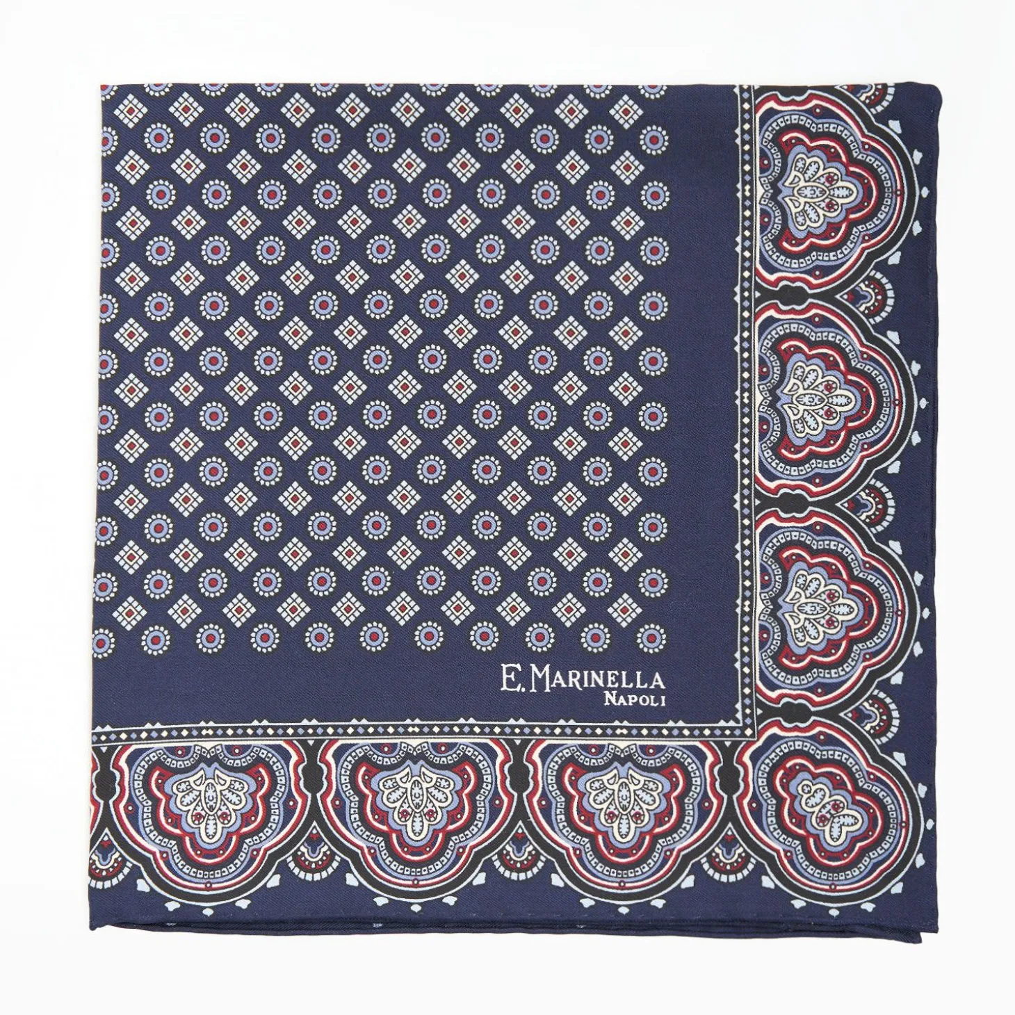 Dark Blue Hand-Printed Silk Pocket Square Small Flower Pattern