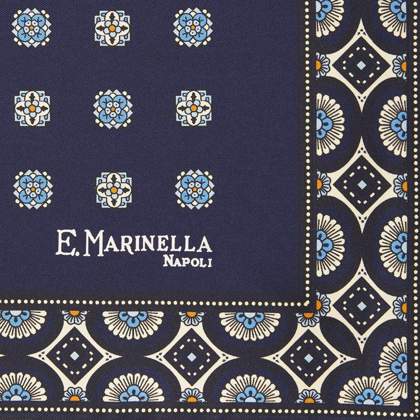 Dark Blue Hand-Printed Silk Pocket Square Large Flower Pattern