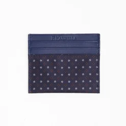 Dark Blue Leather And Silk Credit Card Holder - 5 Compartments