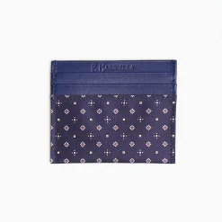 Dark Blue Leather And Silk Credit Card Holder 5 Compartments