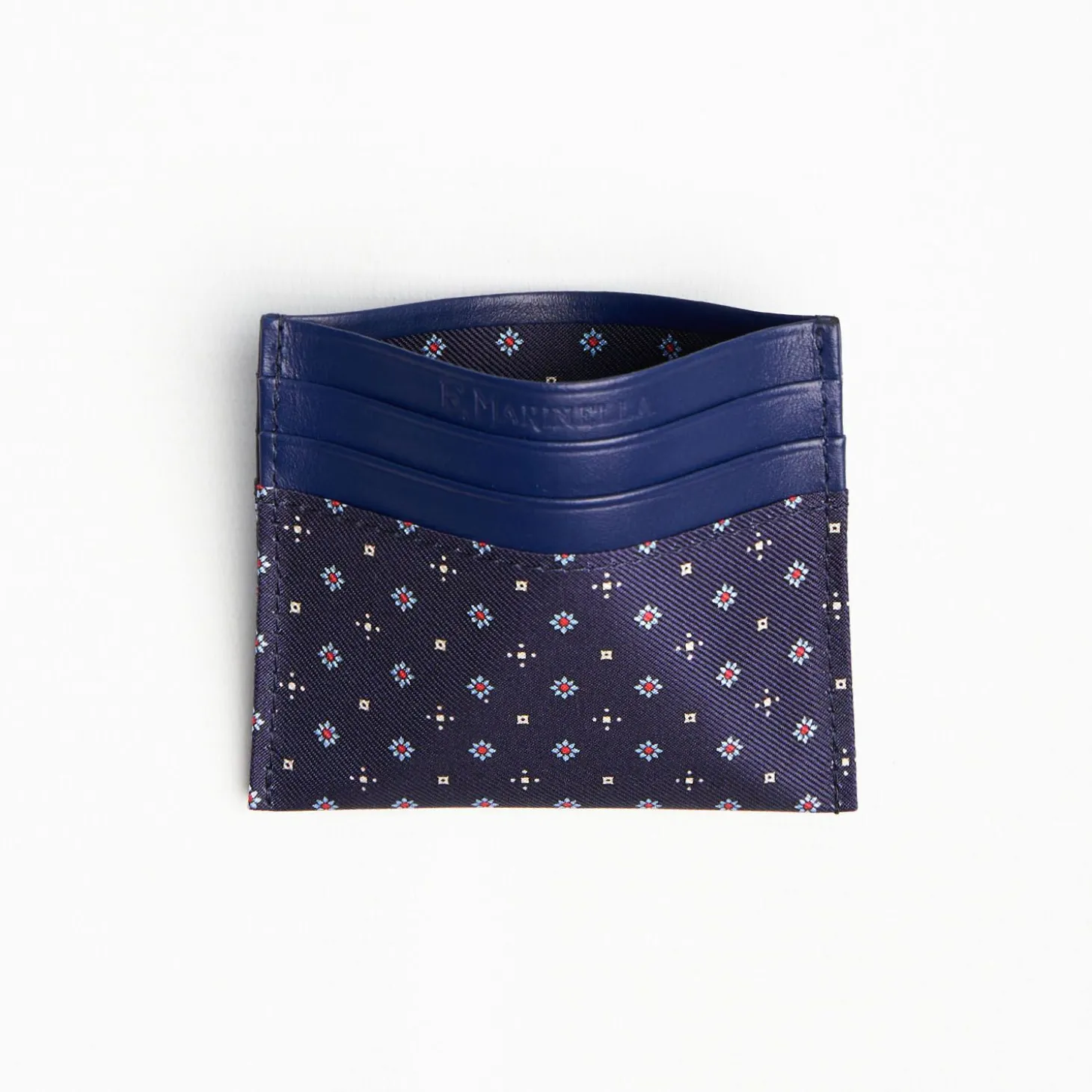 Dark Blue Leather And Silk Credit Card Holder 5 Compartments