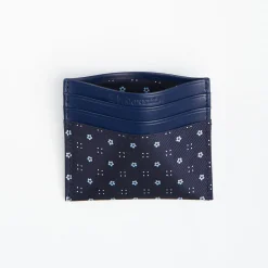 Dark Blue Leather And Silk Credit Card Holder - 5 Compartments