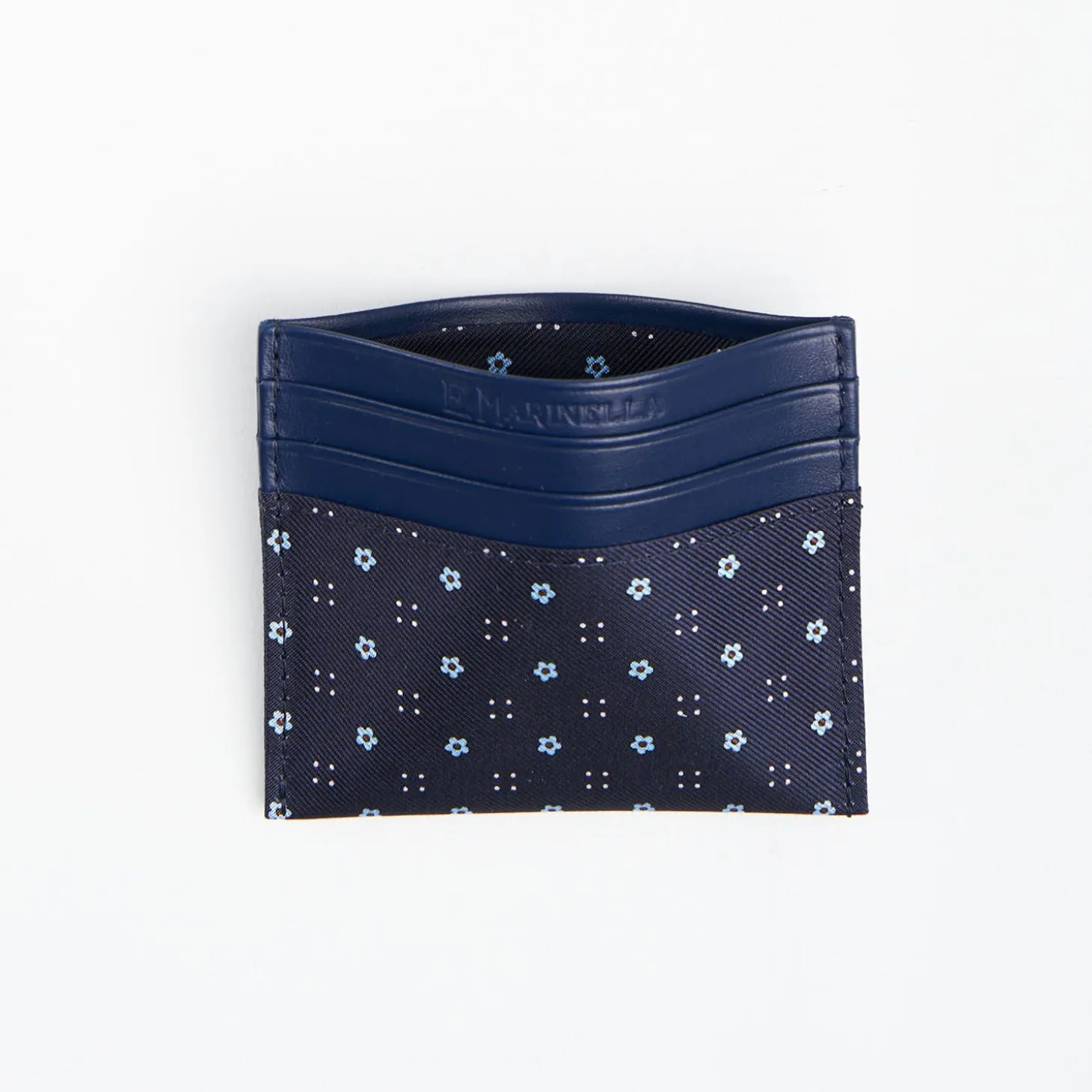 Dark Blue Leather And Silk Credit Card Holder - 5 Compartments