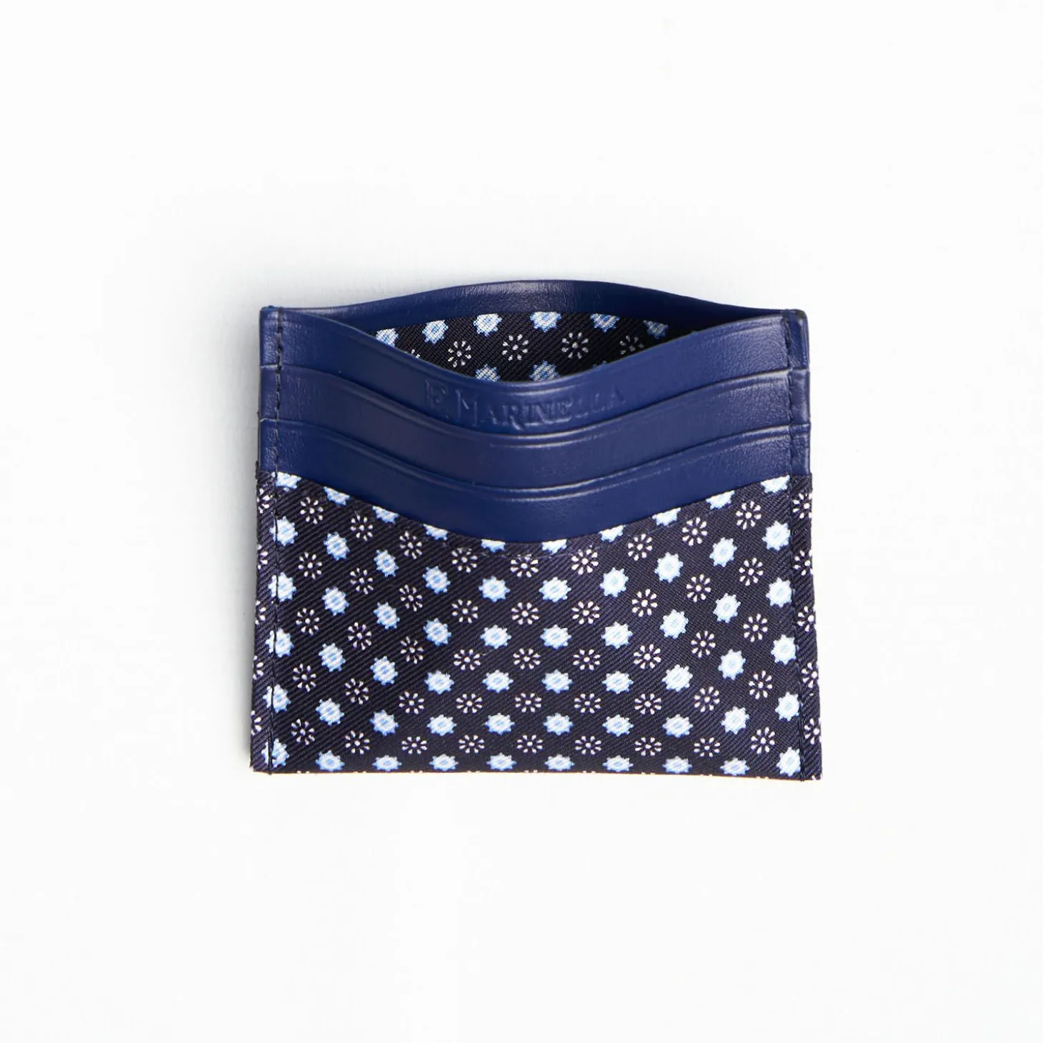 Dark Blue Leather And Silk Credit Card Holder 5 Compartments