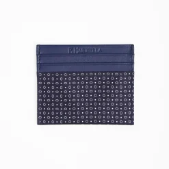 Dark Blue Leather And Silk Credit Card Holder - 5 Compartments