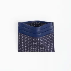 Dark Blue Leather And Silk Credit Card Holder - 5 Compartments