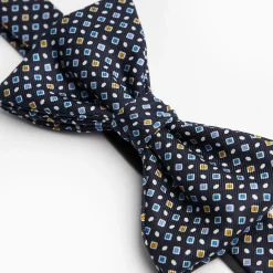 Dark Blue Pre-Knotted Silk Bowtie - Small Geometric Pattern