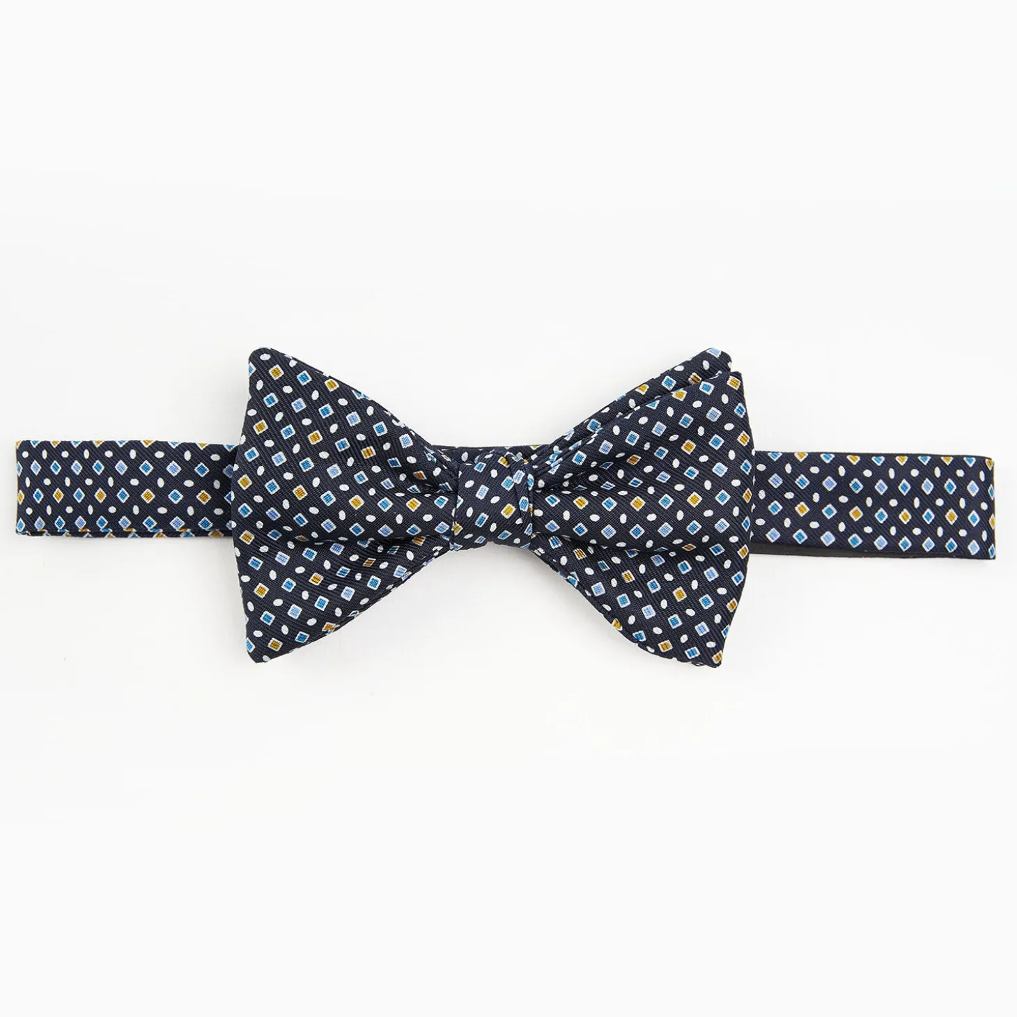 Dark Blue Pre-Knotted Silk Bowtie - Small Geometric Pattern