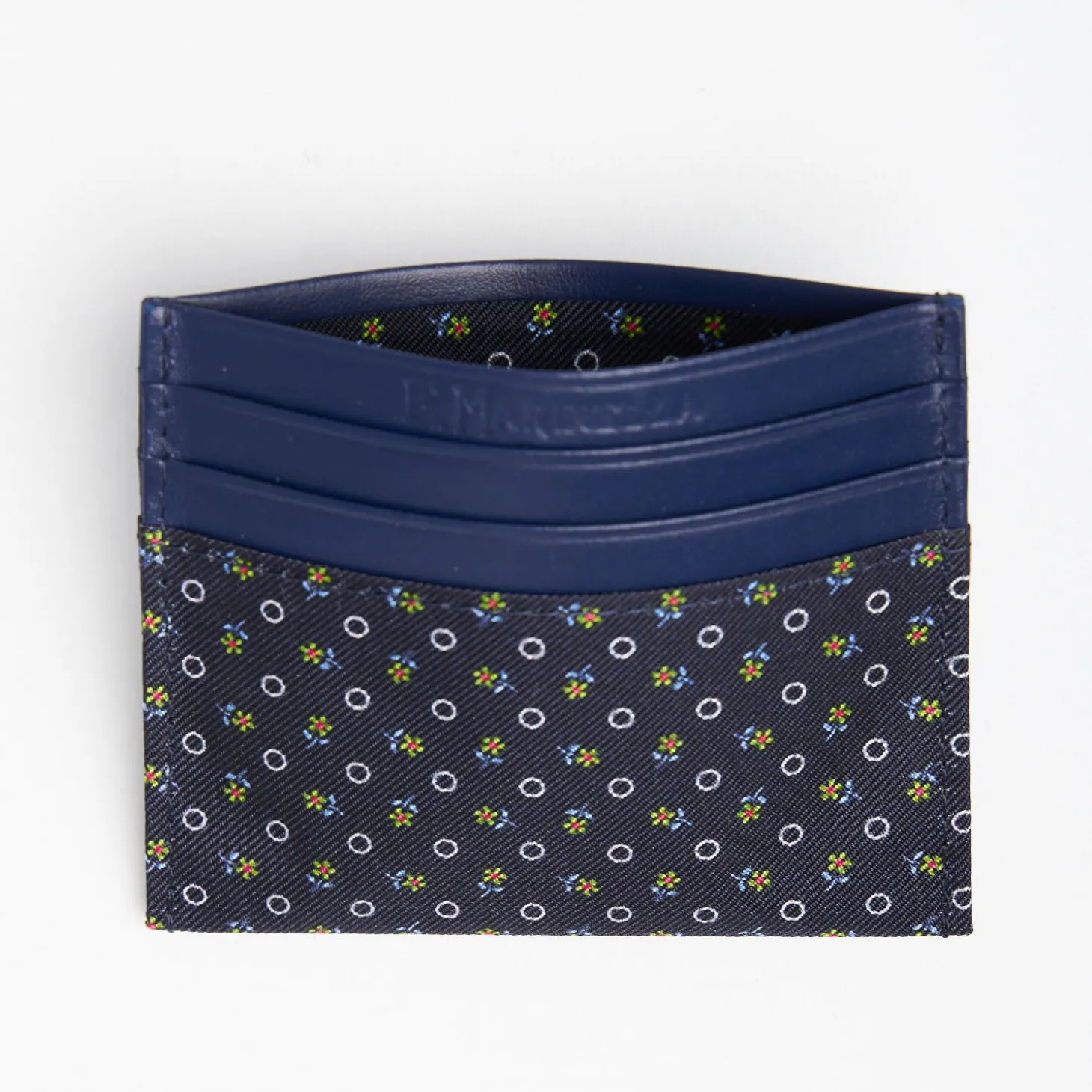 Dark Blue Silk And Leather Credit Card Holder 5 Compartments