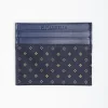 Dark Blue Silk And Leather Credit Card Holder - 5 Compartments
