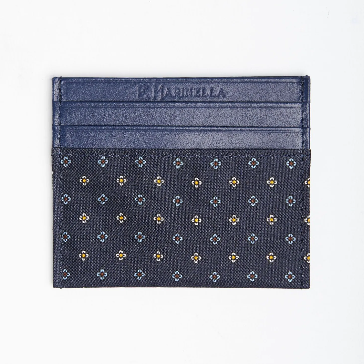 Dark Blue Silk And Leather Credit Card Holder - 5 Compartments
