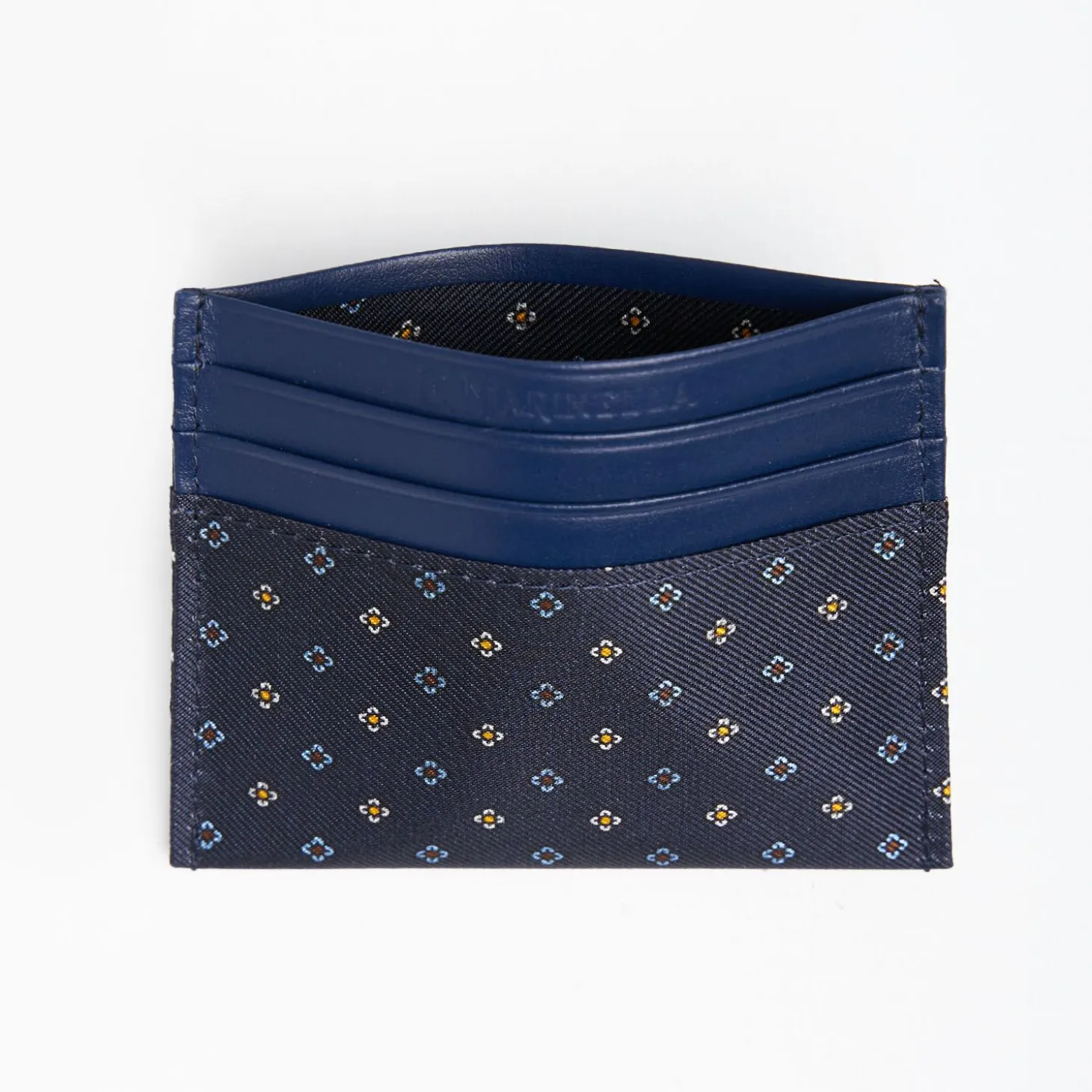 Dark Blue Silk And Leather Credit Card Holder - 5 Compartments