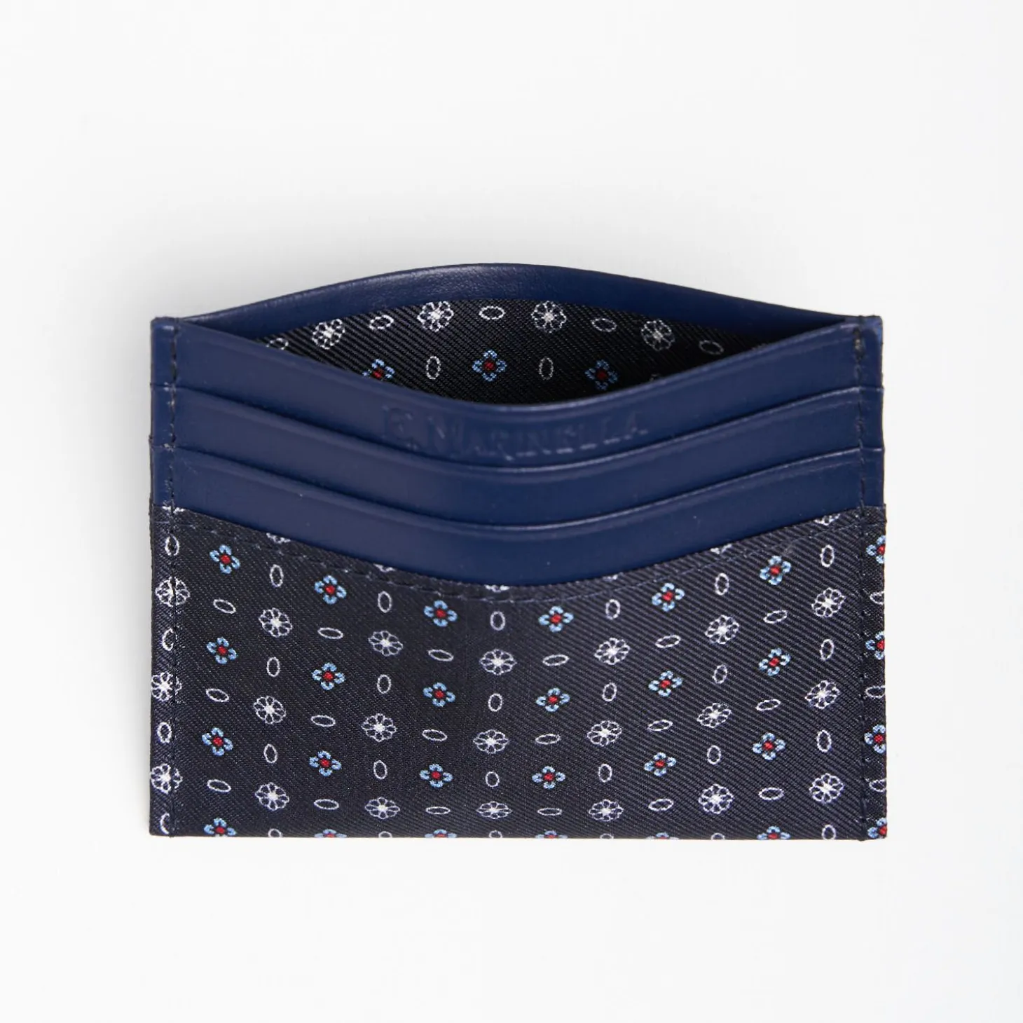 Dark Blue Silk And Leather Credit Card Holder 5 Compartments
