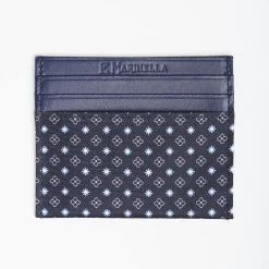 Dark Blue Silk And Leather Credit Card Holder 5 Compartments