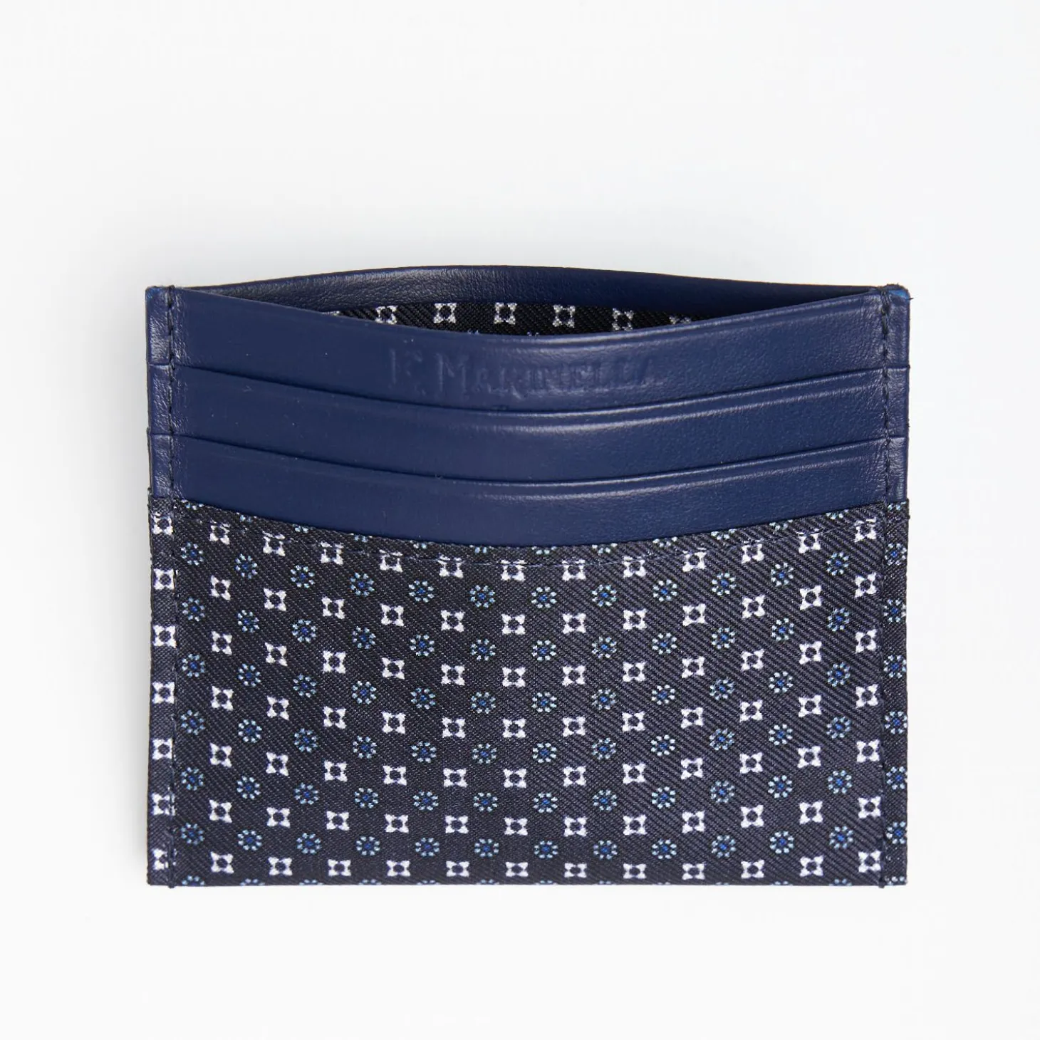 Dark Blue Silk And Leather Credit Card Holder 5 Compartments
