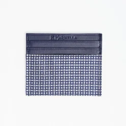 Dark Blue Silk And Leather Credit Card Holder - 5 Compartments