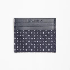 Dark Blue Silk And Leather Credit Card Holder 5 Compartments
