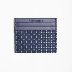 Dark Blue Silk And Leather Credit Card Holder 5 Compartments