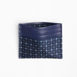 Dark Blue Silk And Leather Credit Card Holder 5 Compartments