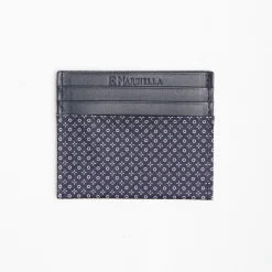 Dark Blue Silk And Leather Credit Card Holder 5 Compartments