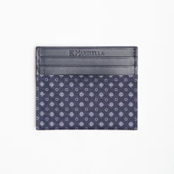 Dark Blue Silk And Leather Credit Card Holder 5 Compartments