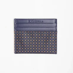 Dark Blue Silk And Leather Credit Card Holder 5 Compartments