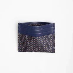 Dark Blue Silk And Leather Credit Card Holder 5 Compartments