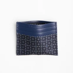 Dark Blue Silk And Leather Credit Card Holder 5 Compartments