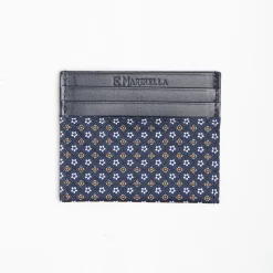 Dark Blue Silk And Leather Credit Card Holder 5 Compartments