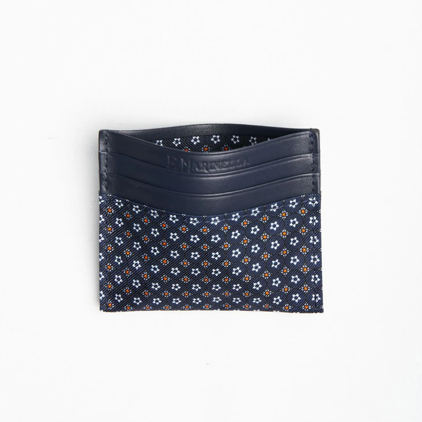 Dark Blue Silk And Leather Credit Card Holder 5 Compartments