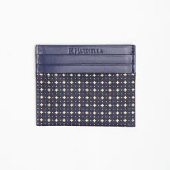 Dark Blue Silk And Leather Credit Card Holder 5 Compartments