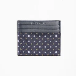 Dark Blue Silk And Leather Credit Card Holder 5 Compartments