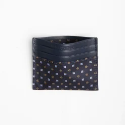 Dark Blue Silk And Leather Credit Card Holder 5 Compartments