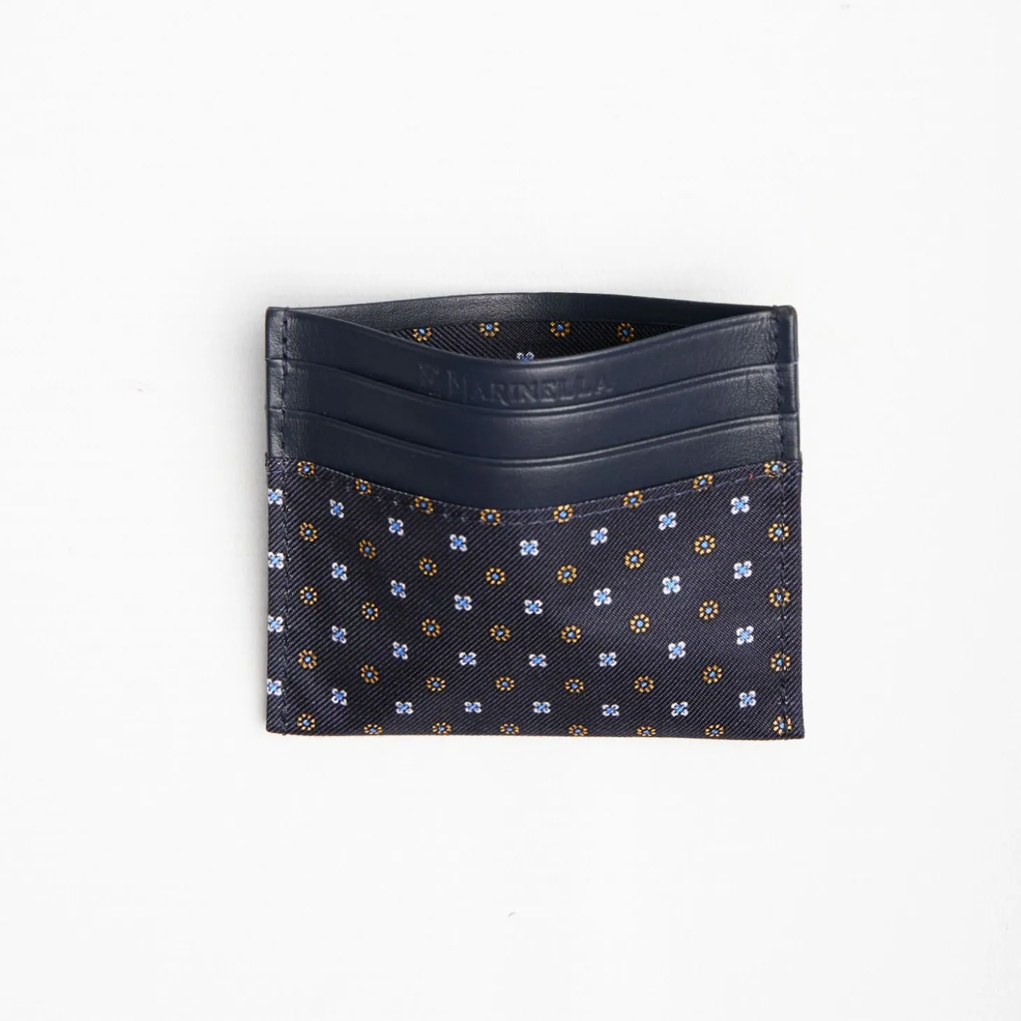 Dark Blue Silk And Leather Credit Card Holder 5 Compartments