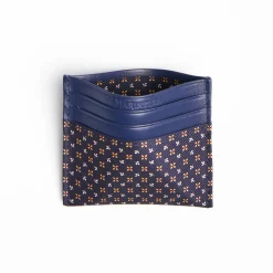 Dark Blue Silk And Leather Credit Card Holder - 5 Compartments